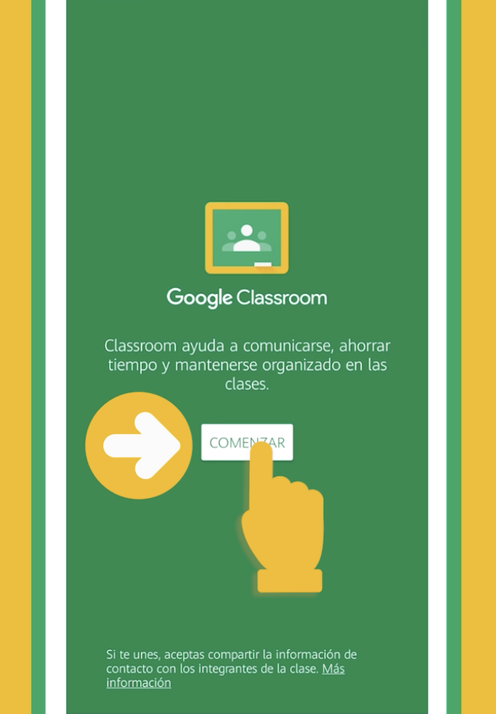 Pulsar botón Comenzar para arrancar aplicación Google Classroom en dispositivos Android.